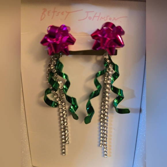 Betsey Johnson Christmas Bow Crystal Ribbon Holiday Front Back Drop Earrings NIB - Picture 8 of 16